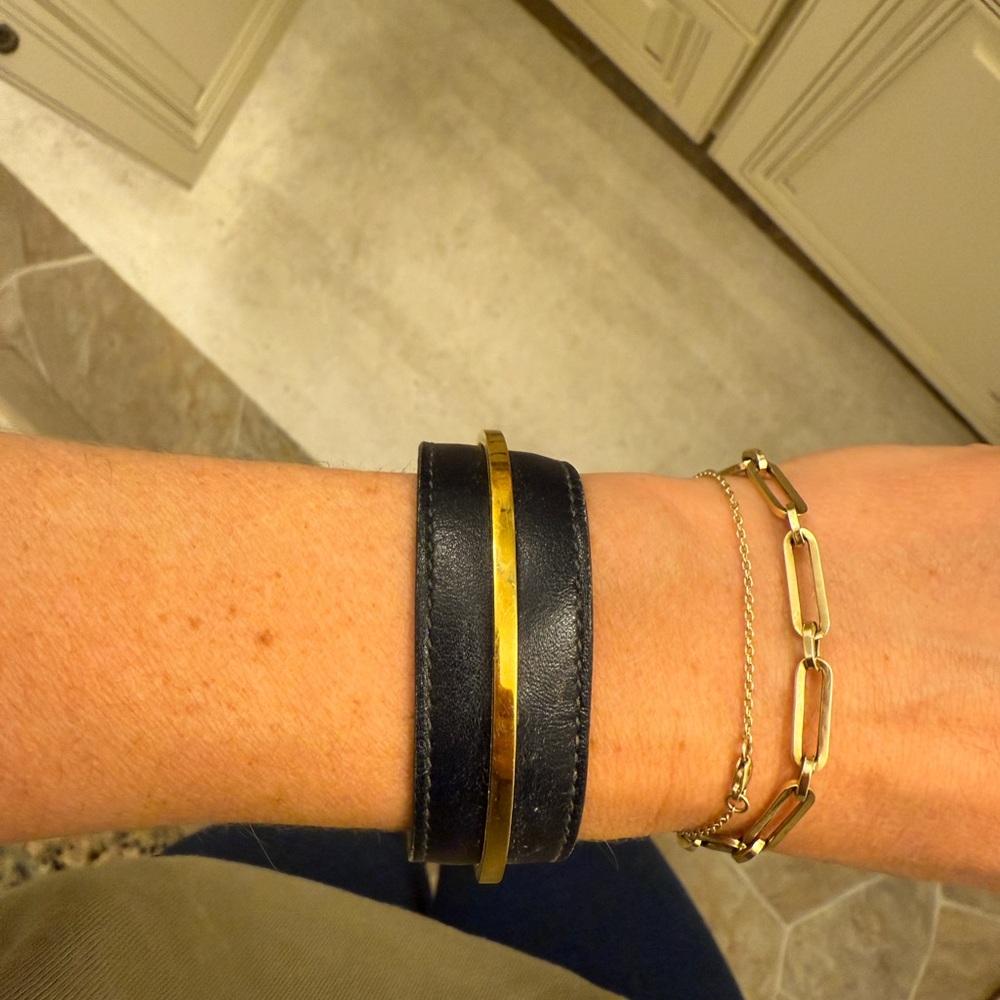 Hermes Navy and Gold Leather Cuff Bracelet